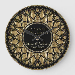 Grande Horloge Ronde Gold and Black Floral Mandala