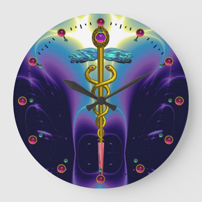 Grande Horloge Ronde GOLD CADUCEUS Symbole Médical Ondes Bleues Violett (Recto)