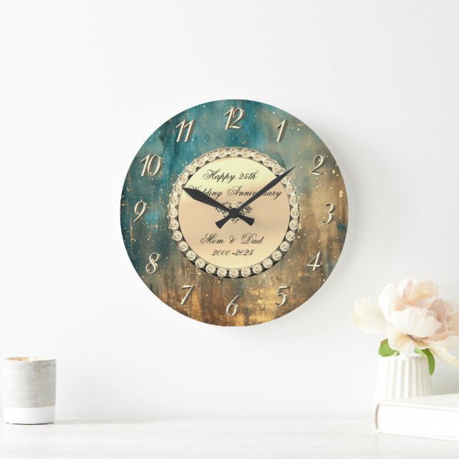 Grande Horloge Ronde Gold Diamonds Grunge 25e anniversaire Mariage (Maison)