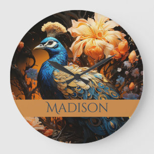 Grande Horloge Ronde Gold et Blue Custom Name Joli Peacock