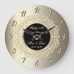 Grande Horloge Ronde Gold Swirls Champagne 50e Anniversaire de Mariage