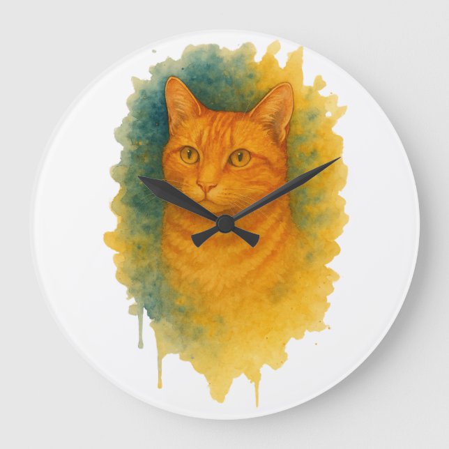 Grande Horloge Ronde Golden Glow : T-shirt Chat Aquarelle (Recto)