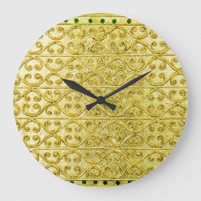 Grande Horloge Ronde Golden Metal : Arrière - plan Motif luxueux. (Recto)