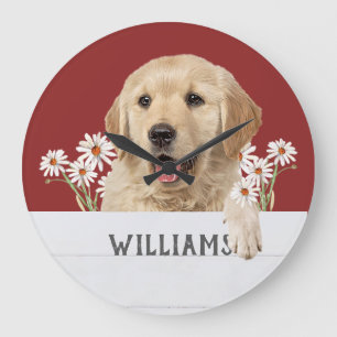 Grande Horloge Ronde Golden Retriever Avec Daises