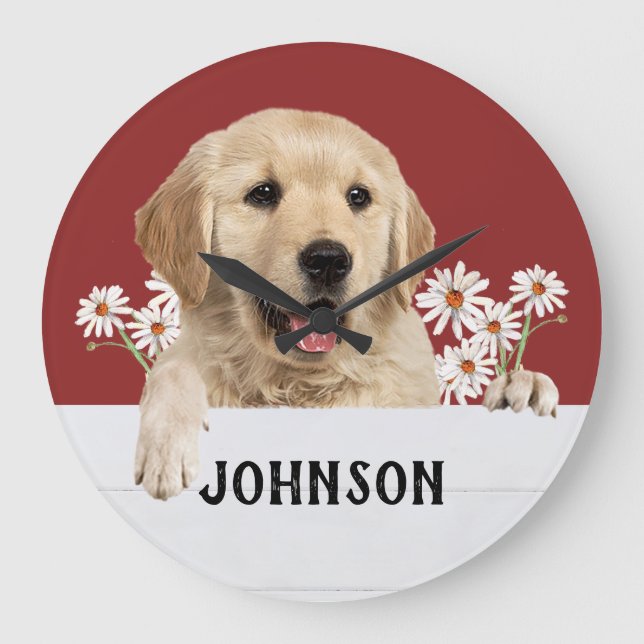 Grande Horloge Ronde Golden Retriever Avec Daises (Recto)
