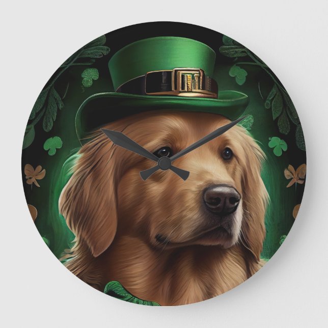Grande Horloge Ronde Golden Retriever Dog in St. Patrick's Day (Recto)