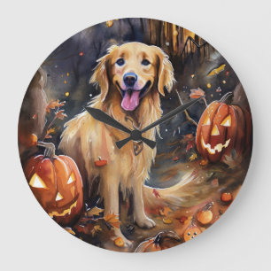 Grande Horloge Ronde Golden Retriever Halloween avec citrouilles effray
