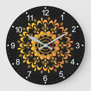 Grande Horloge Ronde Golden Unique Mandala Design