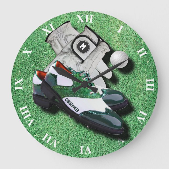 Grande Horloge Ronde Golf Shoes Ball And Gloves On Green With Your Nom (Recto)