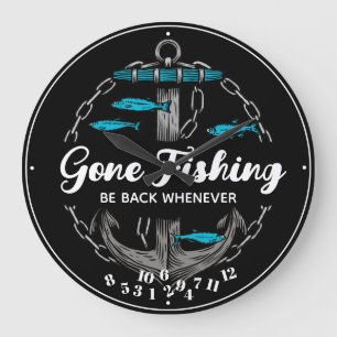 Grande Horloge Ronde Gone Fishing Funny Fallen Numéros Ancre Poisson