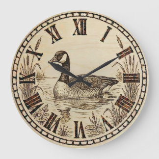 Grande Horloge Ronde Goose Lake Wall Clock – Wood-Burned Nature Decor 