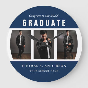 Grande Horloge Ronde Graduation Photo Collage bleu et blanc Personnalis