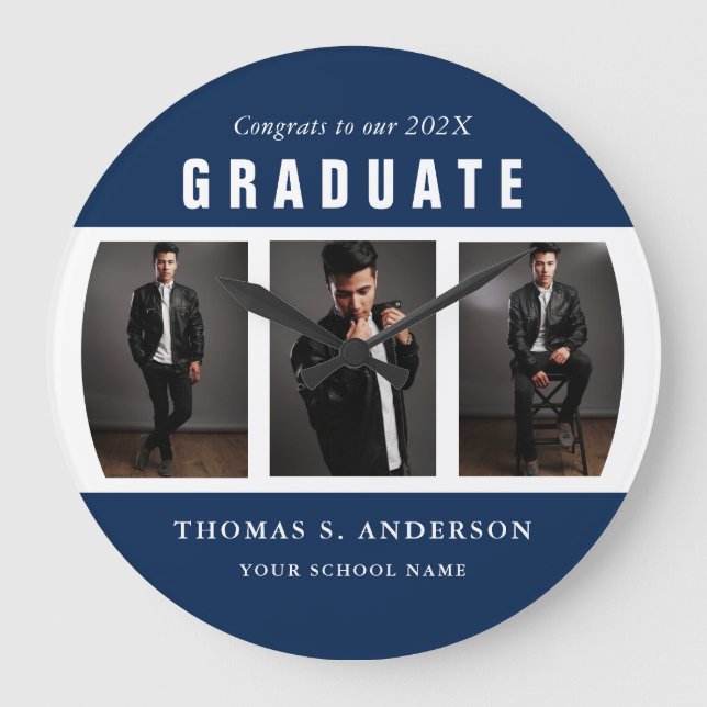 Grande Horloge Ronde Graduation Photo Collage Blue and White Custom (Recto)