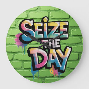 Grande Horloge Ronde Graffiti Texte Coloré Disant Saisir Le Jour