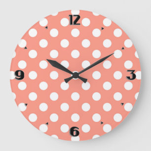 Grande Horloge Ronde Grands points rétro - corail rose et blanc
