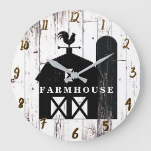 Grande Horloge Ronde Grange Rustique Bois Blanc Grange Noire Campagne