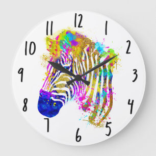 Grande Horloge Ronde Graphique Zèbre Éclaboussure Aquarelle Arc-en-ciel