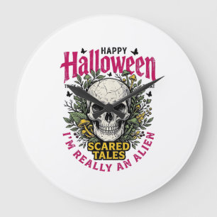 Grande Horloge Ronde Graphisme d'alien crâne Halloween vintage pour T-s