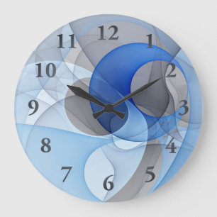 Grande Horloge Ronde Graphisme d'art fractal abstrait bleu gris moderne