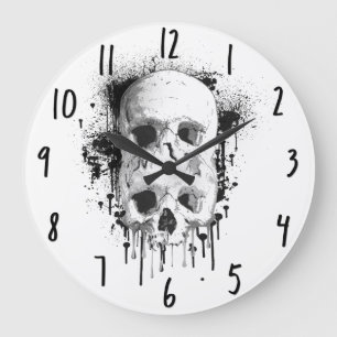 Grande Horloge Ronde Graphisme de crâne avec éclaboussures d'encre noir