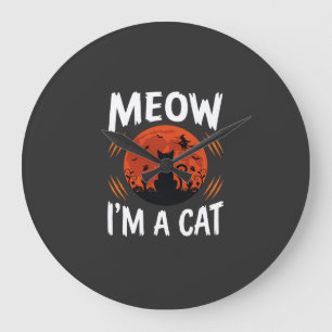Grande Horloge Ronde Graphisme de silhouette de chat de lune drôle d'Ha