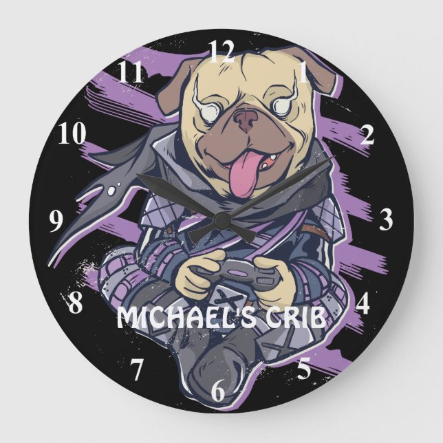 Grande Horloge Ronde Graphismes de jeu de pug ninja néon pour adolescen (Recto)