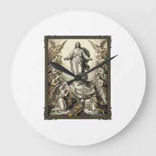 Grande Horloge Ronde Gravure d'ange d'ascension vintage Vector Art_1