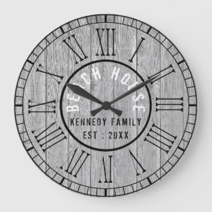Grande Horloge Ronde Gray Wood Beach House Numéros romains noirs