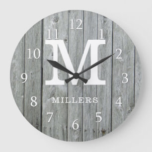 Grande Horloge Ronde Gray Wood Farmhouse Monogram