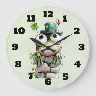 Grande Horloge Ronde Grenouille avec chapeau vert et trèfle mignonne