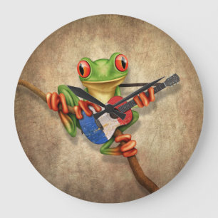 Grande Horloge Ronde Grenouille d'arbre jouant la guitare française de