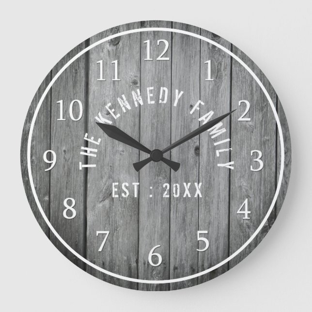 Grande Horloge Ronde Grey Patiné Wood Farmhouse Nom de famille (Recto)