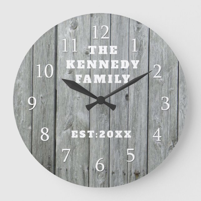 Grande Horloge Ronde Grey Wood Nom de famille Ferme Maison personnalisé (Recto)