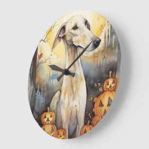 Grande Horloge Ronde Greyhound d'Halloween avec citrouilles effrayant