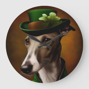 Grande Horloge Ronde Greyhound Dog en tenue de la Saint Patrick