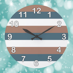 Grande Horloge Ronde Grilles Motif Brown Turquoise Chiffres blancs
