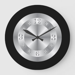 Grande Horloge Ronde Gris argenté et noir élégants
