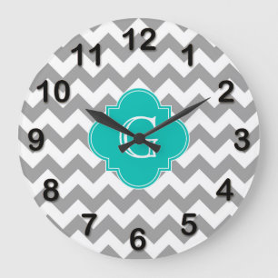 Grande Horloge Ronde Gris Blanc Chevron ZigZag Turquoise Quatrefoil Mon