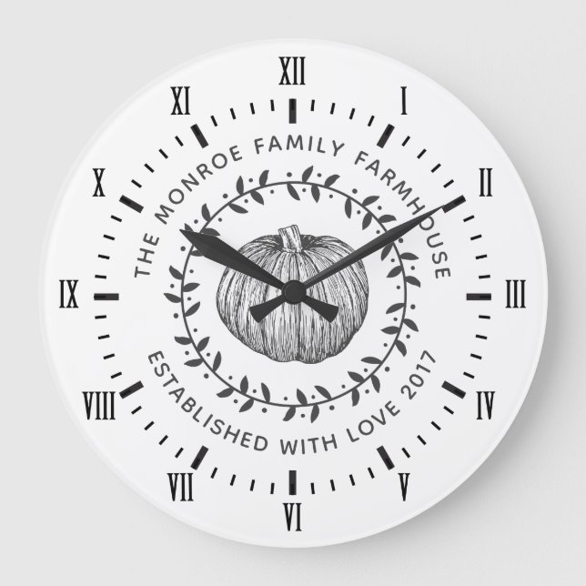 Grande Horloge Ronde Gris et blanc Citrouille rustique (Recto)