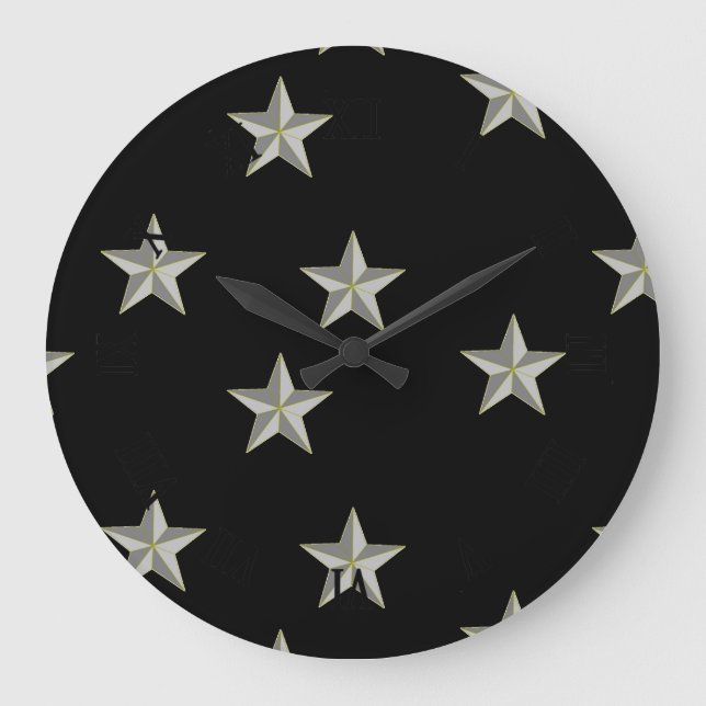 Grande Horloge Ronde Gris étoiles motif sur noir (Recto)