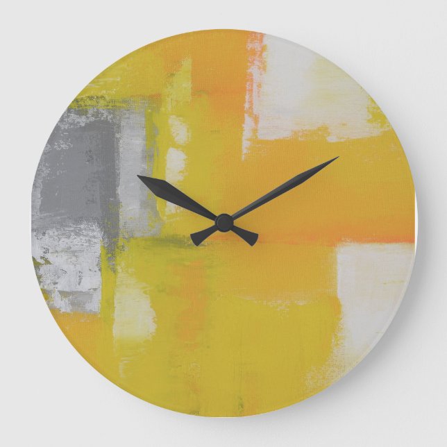 Grande Horloge Ronde gris jaune blanc moderne peinture abstraite (Recto)