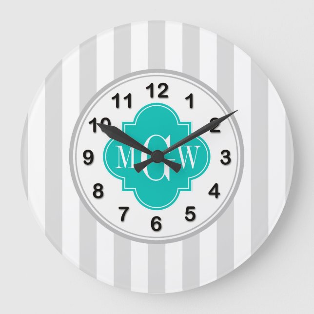 Grande Horloge Ronde Gris Lt Gris Blanc Gris Turquoise Quatrefoil 3 Mon (Recto)