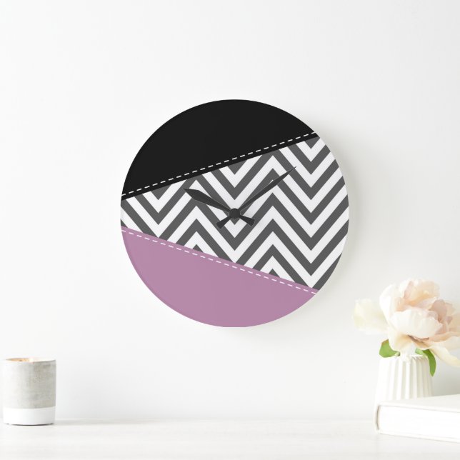 Grande Horloge Ronde Gris Zigzag, Gris Chevron, Motif Zigzag, Violet (Maison)