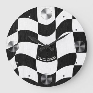 Grande Horloge Ronde Groovy ondulé à carreaux noir et blanc