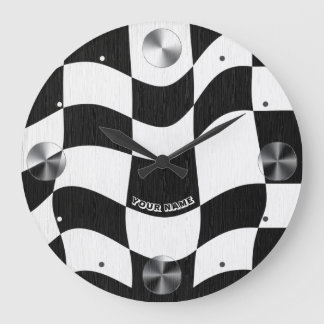 Grande Horloge Ronde Groovy ondulé à carreaux noir et blanc