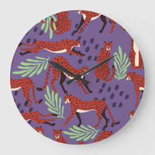 Grande Horloge Ronde Gros chats exotiques, motif plante tropical.