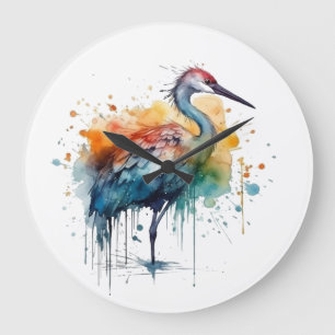 Grande Horloge Ronde Grue gracieuse : aquarelle