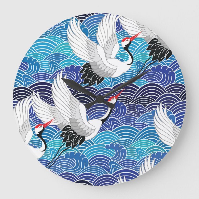 Grande Horloge Ronde Grue japonaise : Motif orné d'oiseaux. (Recto)