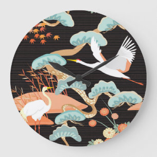 Grande Horloge Ronde Grues, hérons : motif japonais d'oiseaux.