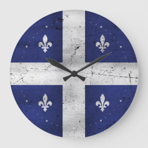 Grande Horloge Ronde Grunge de style Drapeau du Québec érodé